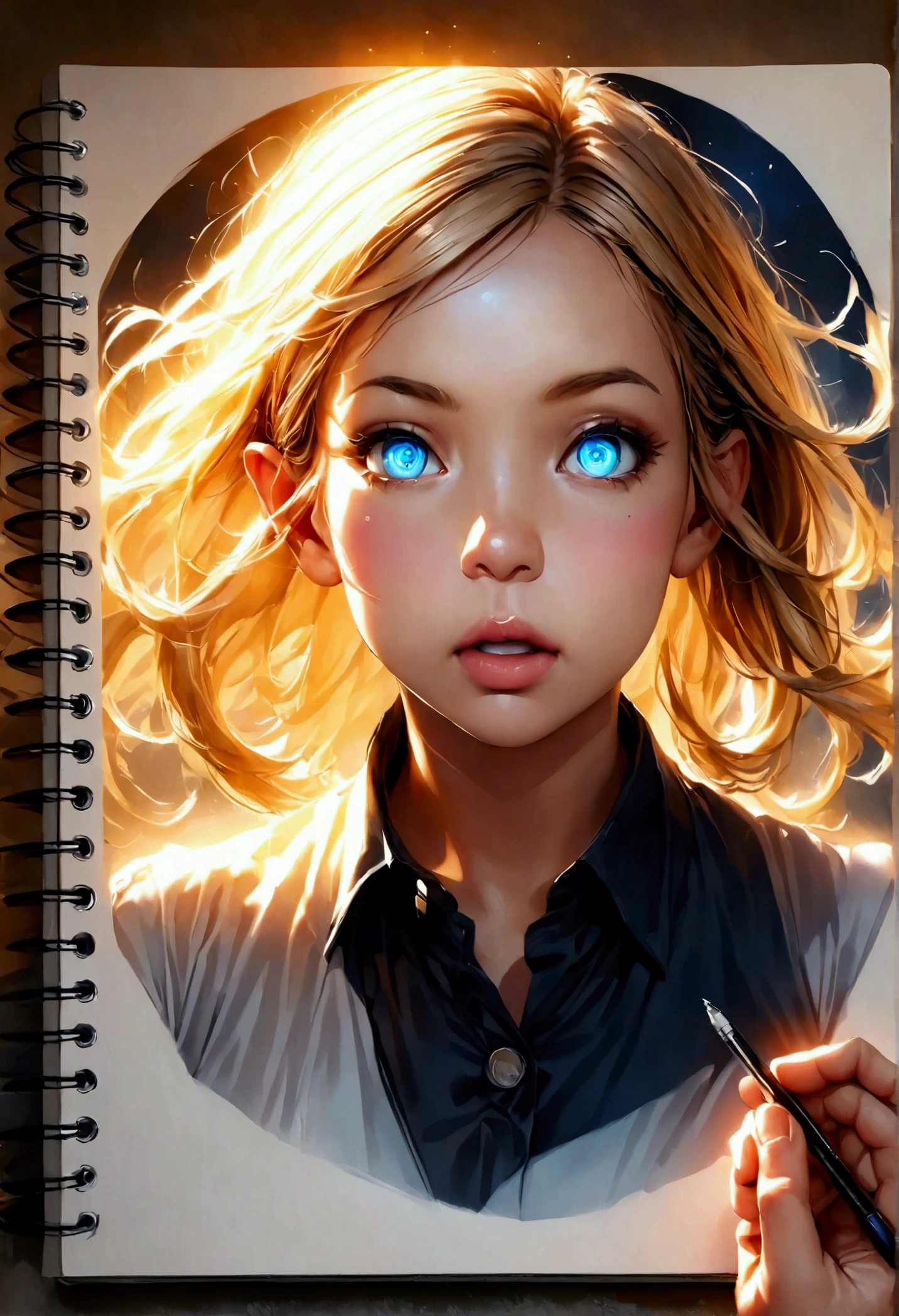 Sketchbook page with elf drawing, now fully illuminated by golden light. The elf's eyes blink open, his head turning slightly. Artist's hand visible, dropping pencil in shock. Photorealistic style with dynamic magical effects.