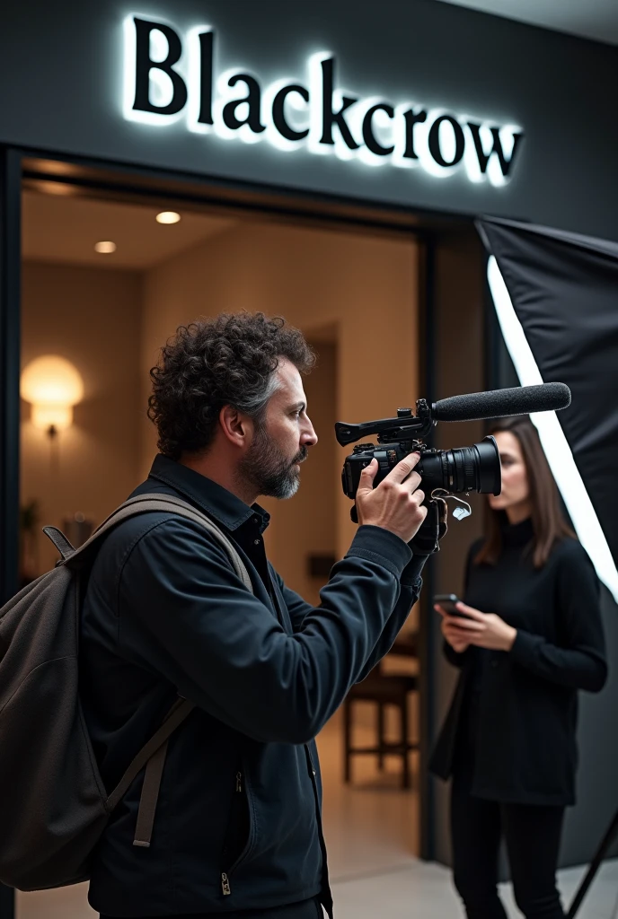 Photographic studio with 1 short curly hair man doing a photoshoot to a client. Studios name is BLACKCROW in blackletter font