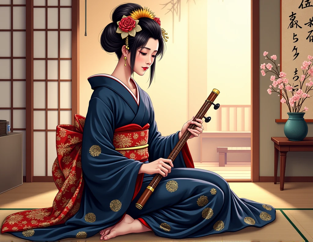o A geisha in a navy blue kimono with gold details, sitting in a traditional position playing a shamisen (three-stringed musical instrument), with a background of a tatami room and a tokonoma (alcove) decorated with a scroll and an ikebana flower arrangement.