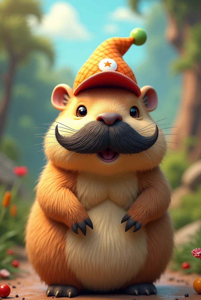 A capybara wearing a mustache and a cartoon cap