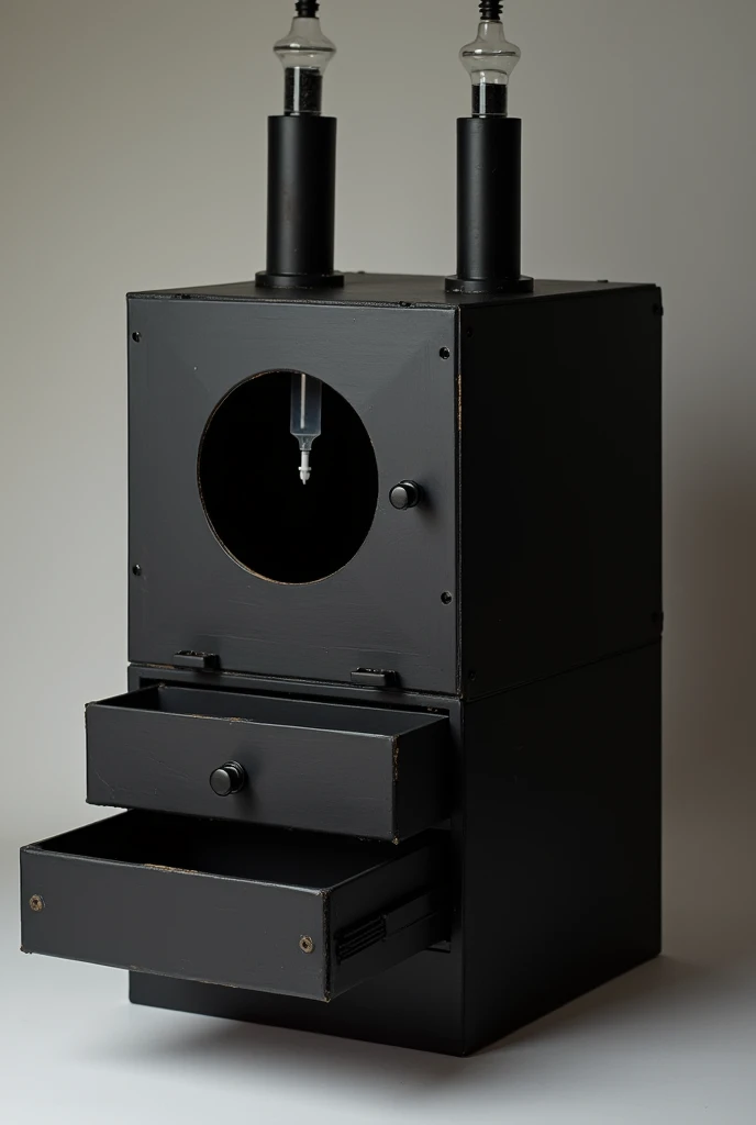 Rectangular darkroom made of black painted cardboard with two rectangular chimneys with syringes inserted into them. With a small circle cut out for photographic access from the top. And with a lower entrance through a drawer to introduce samples for luminescence tests in a dark chamber inside it..
