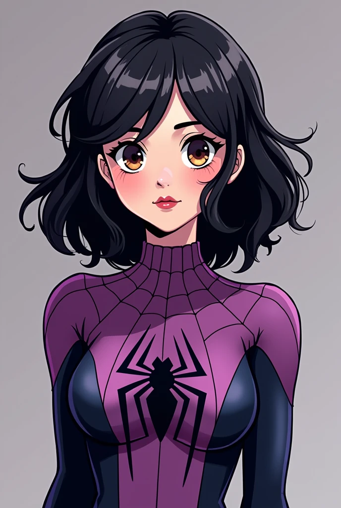 Generate image of girl in purple spiderman outfit, blackquality hair, pale skin, brown eyes and red lips. Comic animation