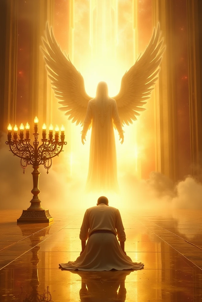 Person prostrates himself in front of imposing angel of light on golden glass floor and yellow and red sky, Near the angel a large golden menorah candelabrum with 7 branches to light the flame in each branch