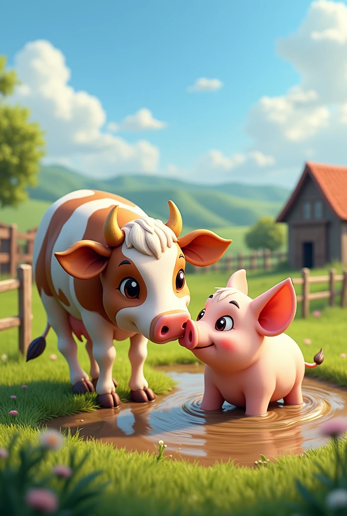 Cow eating grass and pig in mud on farm