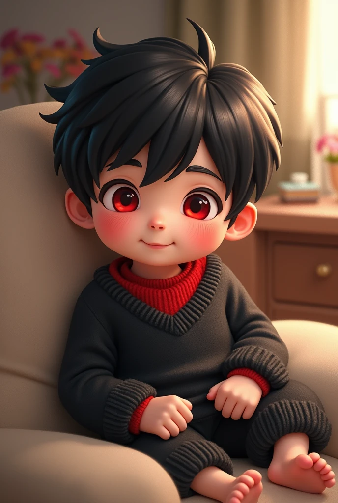 1. One man 2. Chibi figure 3. Red inner shirt 4. Black sweater 5. red eyes 6. ผมสีดำ 7 . นอนขี้เกียด