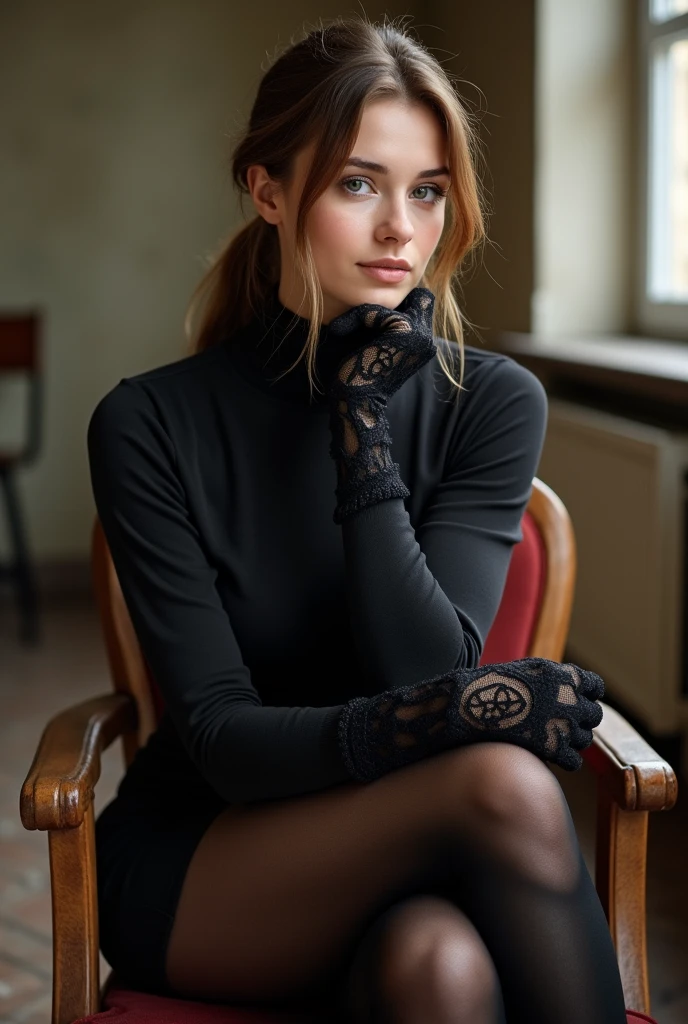 brown hair color、hair pulled back、ponytail、cute face、 she wears a turtleneck and a skirt.、black pantyhose、sitting on a chair、crossed legs、Wearing black lace gloves、wearing  boots、adult german woman、full body portrait、indoor.、
