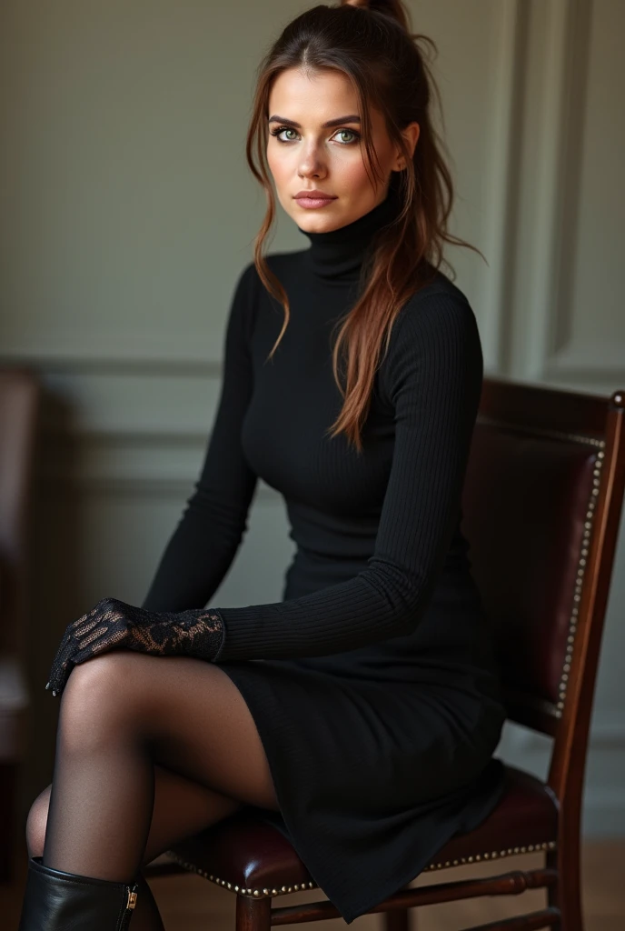 brown hair color、hair pulled back、ponytail、cute face、 she wears a turtleneck and a skirt.、black pantyhose、sitting on a chair、crossed legs、Wearing black lace gloves、wearing  boots、adult german woman、full body portrait、indoor.、