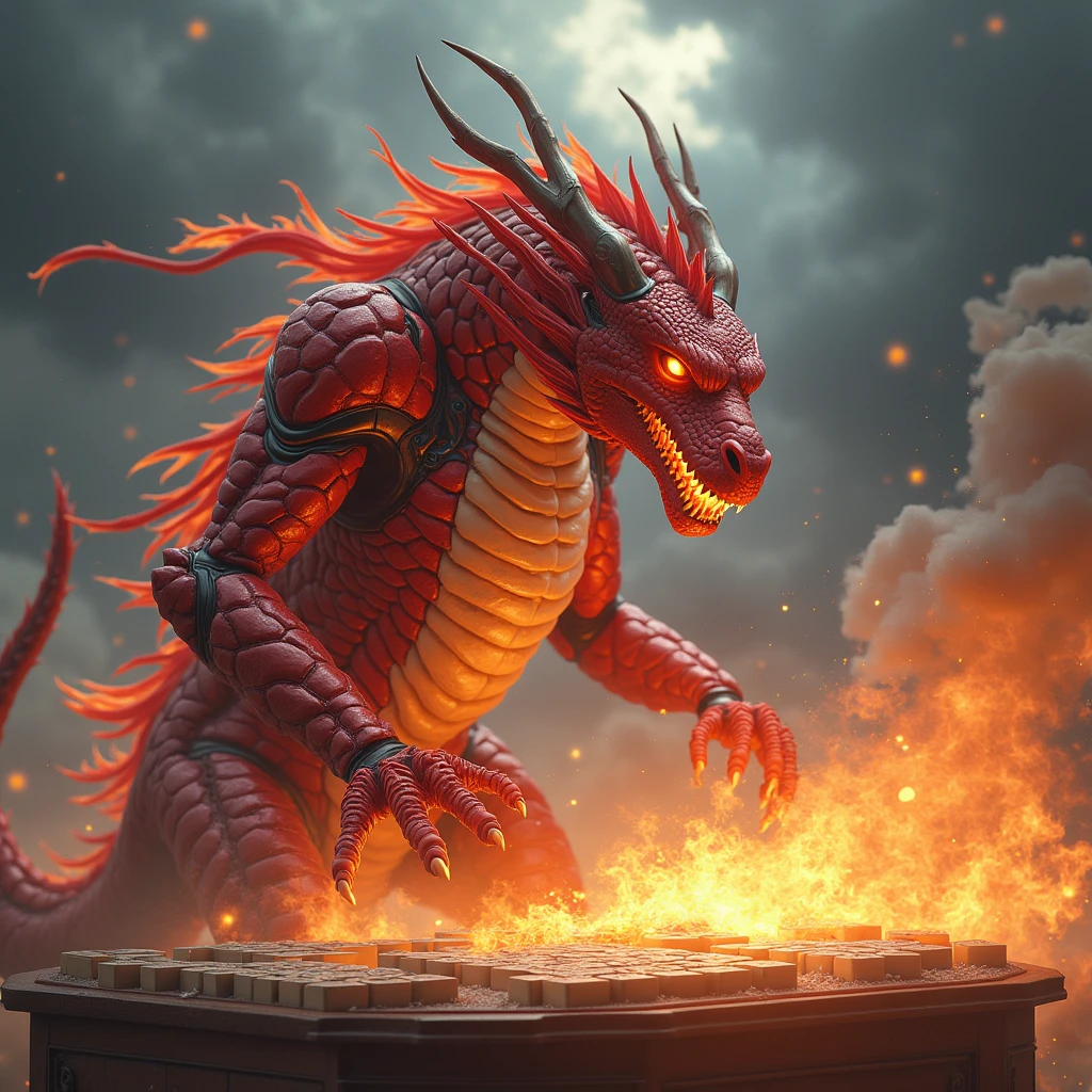 A HALF RED DRAGON, HALH CYBORG BURNS MAHJONG BOARD IN FRONT OF HIM WITH FLAMES, BACKGROUND IS STORMS WITH BRIGHTLY CLOUD