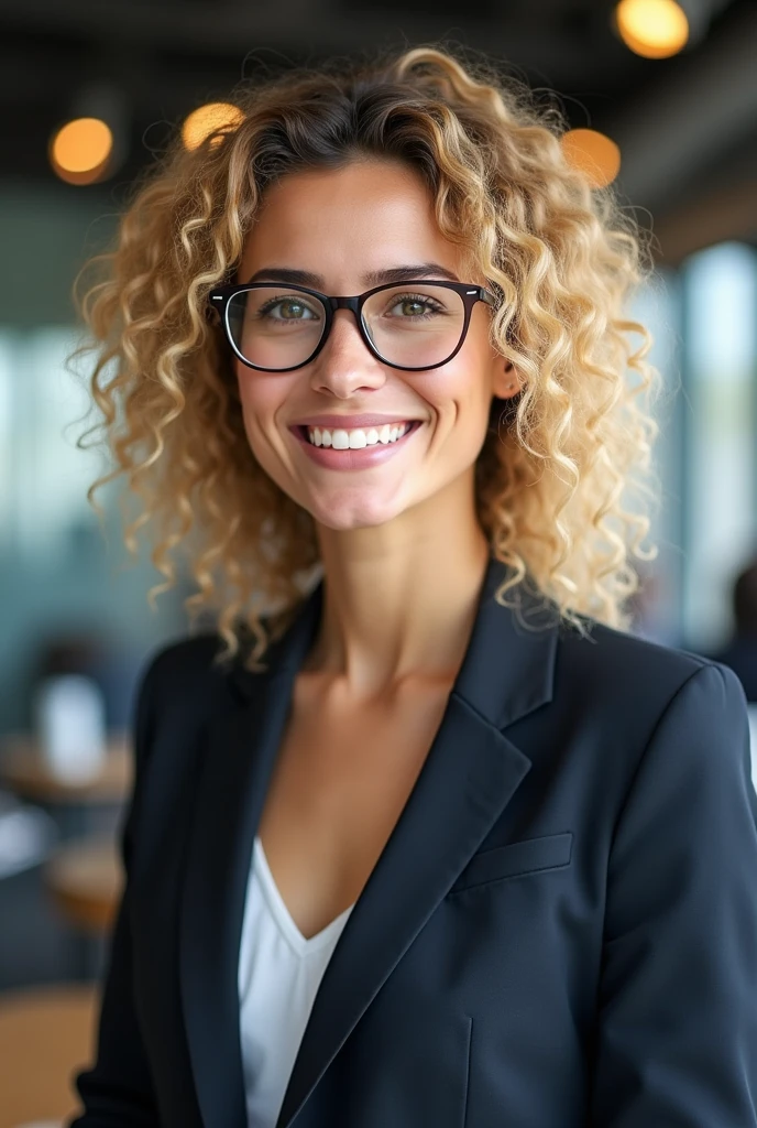 sada, create a woman, blonde, Brazilian, with photo taken by cell phone, but used for corporate purposes. She is in sales, works in a start up. make it very realistic, She must be about 3, curly hair and glasses.