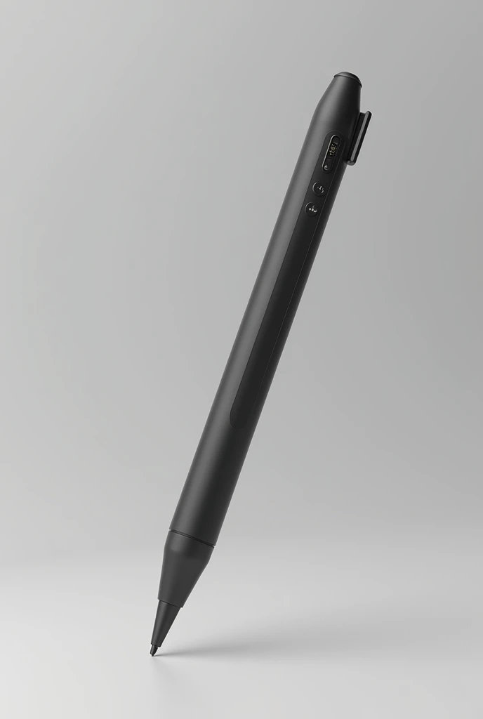 (photorealism:1.2) Black graphic tablet pen, with a modern design, Ergonomic, that is medium long and looks light, that has three flat touch-sensitive side buttons, with a fine medium and small tip