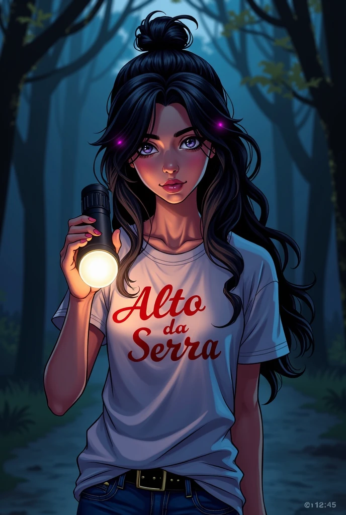 20 year old woman with mysterious expression, she has long, very dark hair, with a few purple lighting points. dark brown eyes, she usually has a loose bun, de corpo inteiro, with a summer camp t-shirt that says Alto da Serra in red, with a flashlight in his hand unraveling the mystery, It has a kind of dark academia style, no back ground, dc comic art style