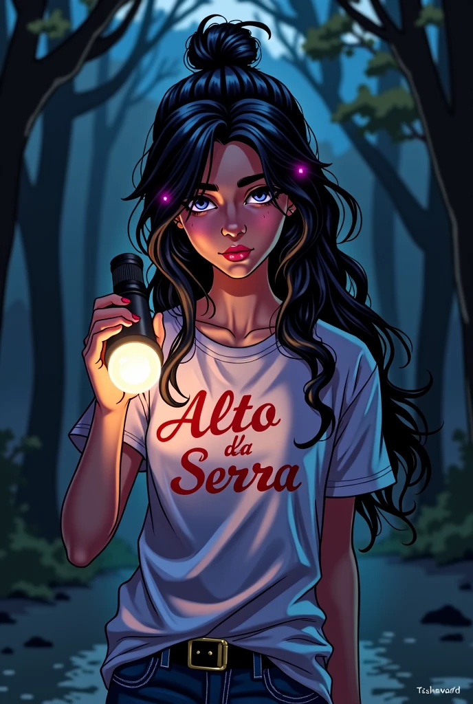 20 year old woman with mysterious expression, she has long, very dark hair, with a few purple lighting points. dark brown eyes, she usually has a loose bun, de corpo inteiro, with a summer camp t-shirt that says Alto da Serra in red, with a flashlight in his hand unraveling the mystery, It has a kind of dark academia style, no back ground, dc comic art style