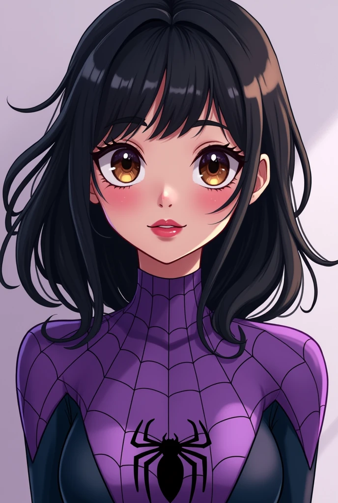 Generate image of girl in purple spiderman outfit, blackquality hair, pale skin, brown eyes and red lips. Comic animation