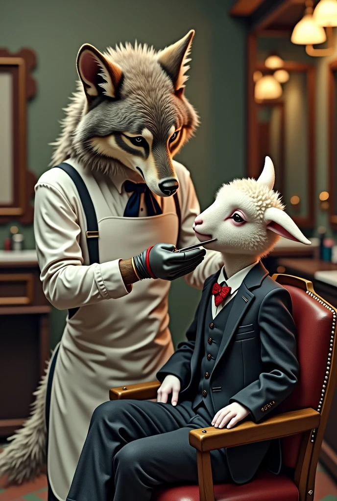 Wolf barber shop shaving a little lamb wearing a real suit with scissors, high definition details, full picture like real life