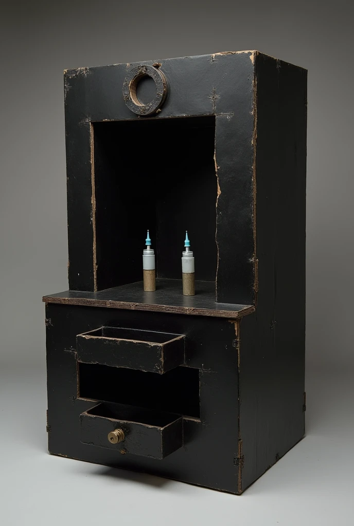 Rectangular darkroom made of black painted cardboard with two rectangular chimneys with syringes inserted into them. With a small circle cut out for photographic access from the top. And with a lower entrance through a drawer to introduce samples for luminescence tests in a dark chamber inside it..
