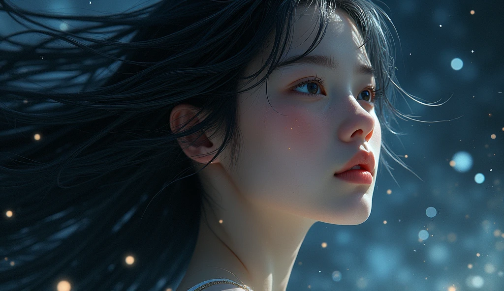 Light skinned girl, long black hair in the middle of the universe (only her face appears in the image). The universe full of bright stars and a black hole in the background (the girl emits a light of her own)