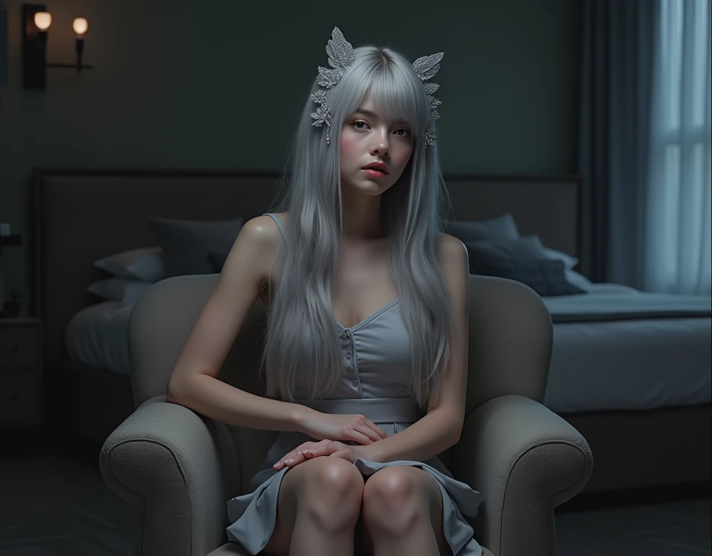 Girl sits elegantly on a modern soft chair, looks straight, Sits up straight, against the backdrop of a dark bedroom, light gray long hair, good lighting, realistically, photo, sparkling hair decorations