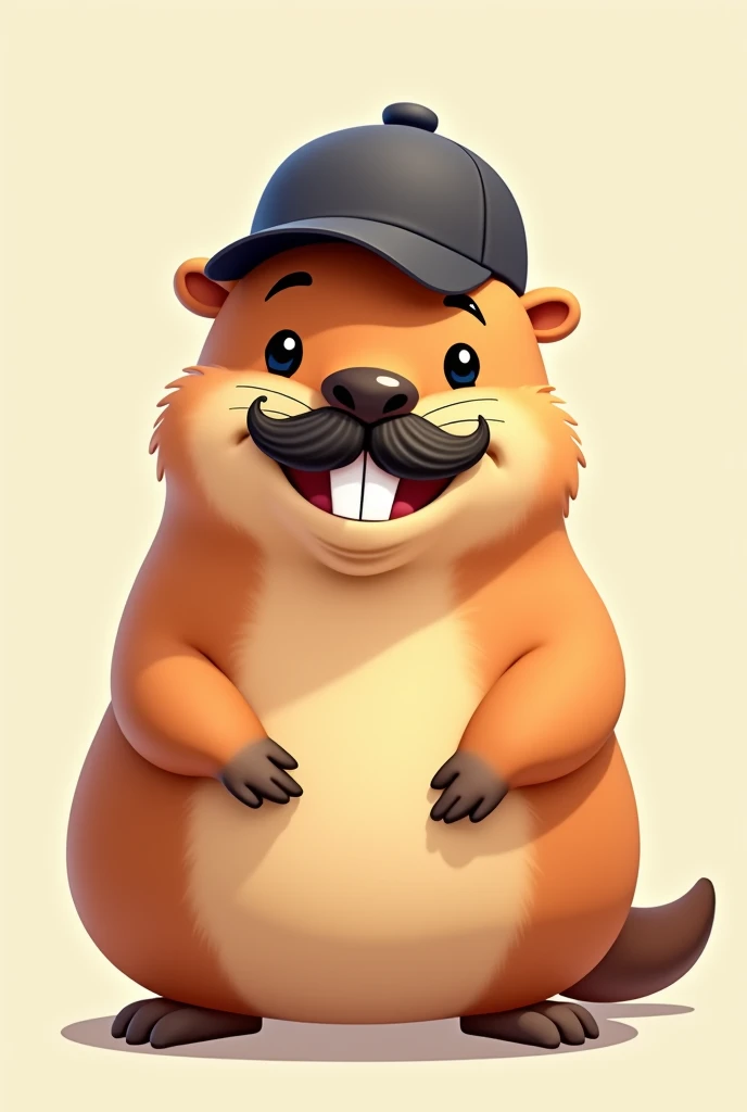 A smiling capybara wearing a mustache and a cartoon cap
