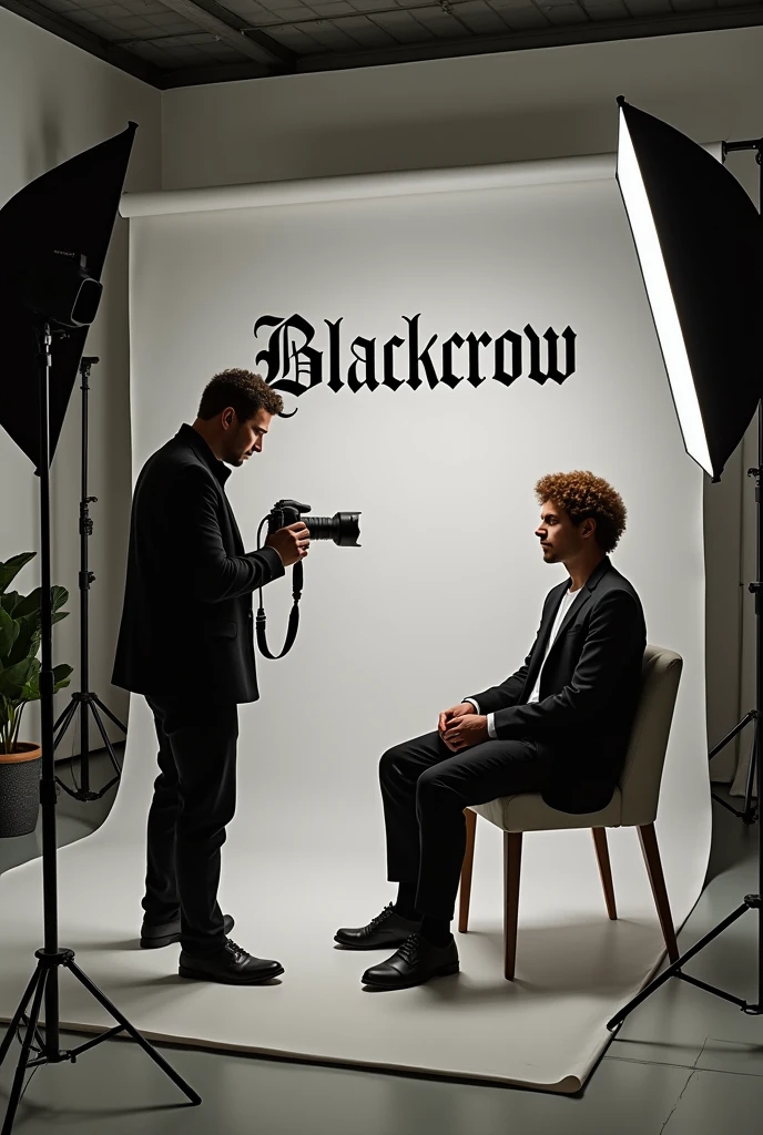 Photographic studio with 1 short curly hair man doing a photoshoot to a client sitting in a chair. Studios name is BLACKCROW in blackletter font