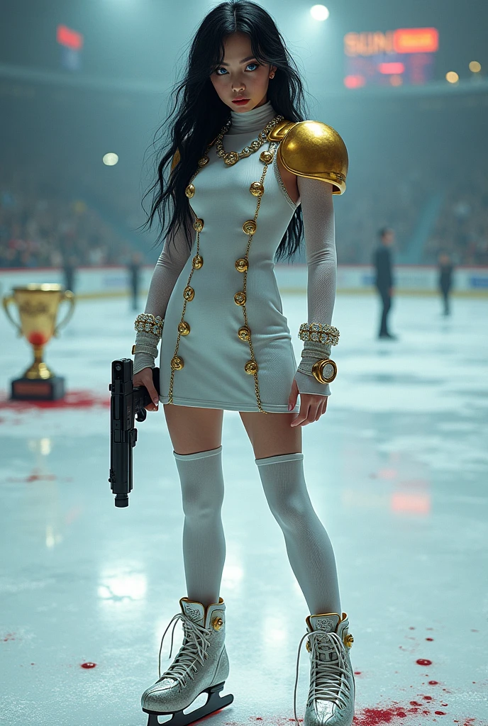 1 girl with a young face but penetrating look, long black hair, blue eyes, white skin, on an ice skating rink in a tight-fitting, silver-white dress-like mesh , short, martial type, which has six pairs of gold buttons, the neck is high, The long sleeves and shiny gold shoulder pads, with a gold watch on his wrist, with diamond-encrusted skates on the boot with a large trophy on the ice floor and a gun in his hand with blood splatters and full-body shiny ice skates