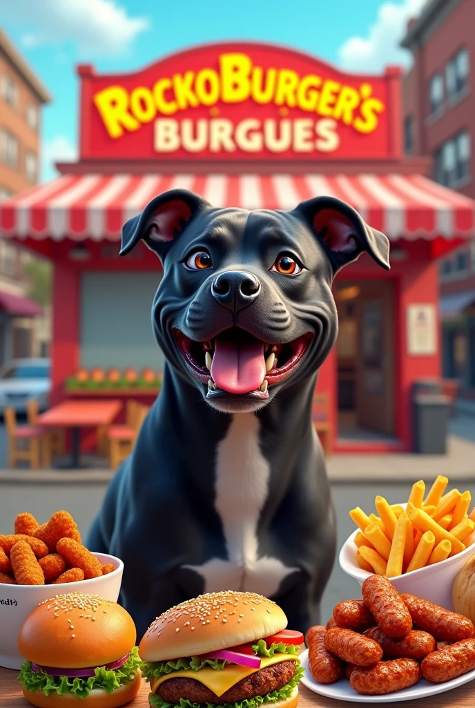 Create an ad for a hamburger stand with the name rockoburgers burgues where there are products like hamburgers where the advertiser is a smiling black pitbull hot dogs, nuggets, French fries, marinated wings, potatoes and sausages