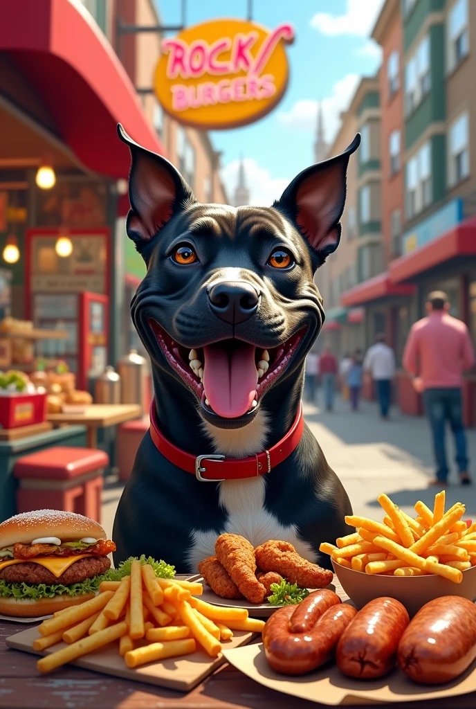 Create an ad for a hamburger stand with the name rockoburgers burgues where there are products like hamburgers where the advertiser is a smiling black pitbull hot dogs, nuggets, French fries, marinated wings, potatoes and sausages