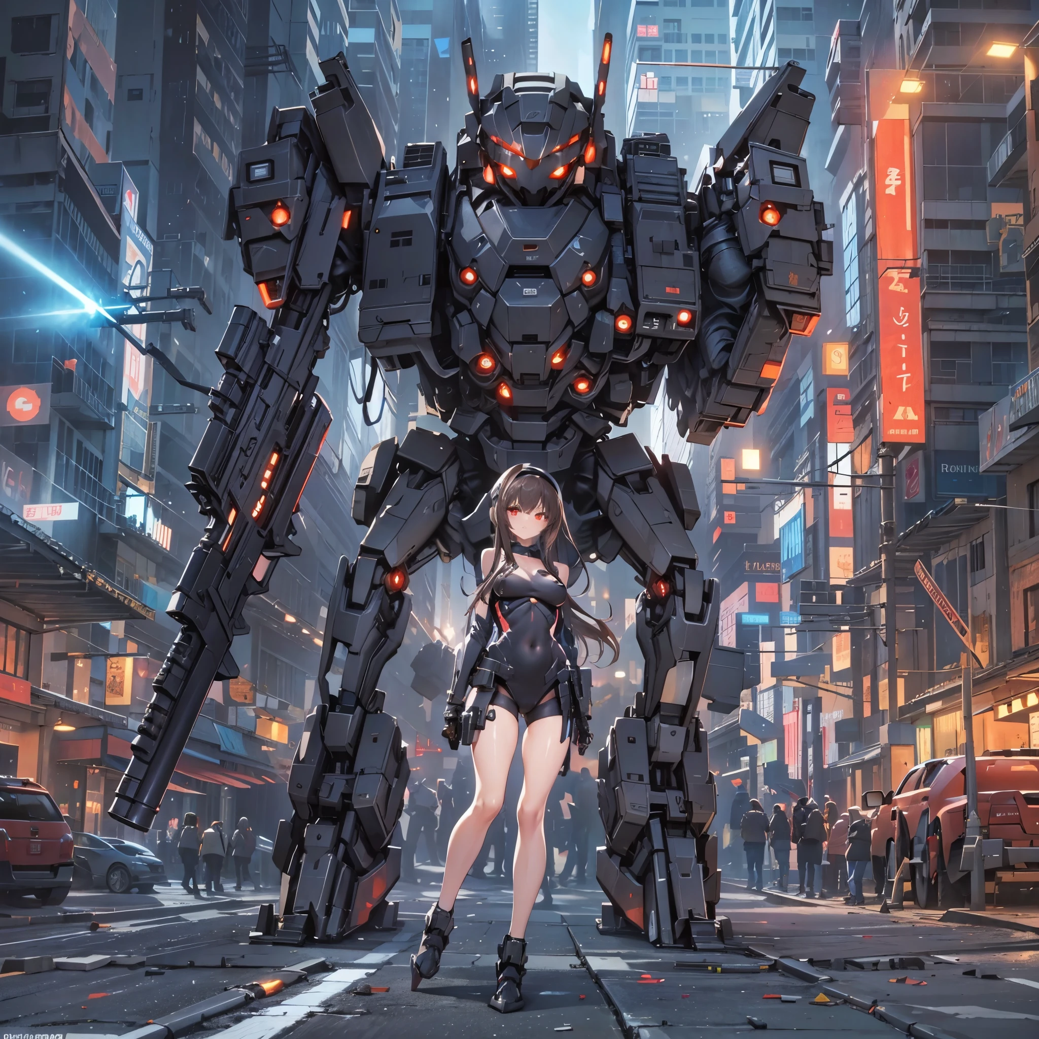 high resolution、Detailed drawing、Beautiful background、NOD、Lapi、cute、sexy、Black Beret、(Brown Hair、semi-long、Straight Hair)、Black leotard、Open chest、One Girl、(hk416、rifle、Gun of the Future)、Strengthen the outer frame、Medium sized breasts、Holding a gun、Fighting Pose、Android、Mechanical Body、(Futuristic sci-fi background、A giant combat robot in the background)、Cool Beauty、Red glowing eyes、Sideboob、Kneel on the ground、High leg、Cleft in the