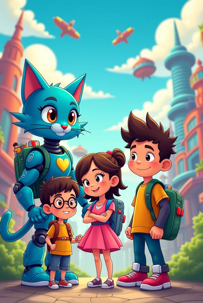 "Create an illustration featuring a group of five characters in a fun and vibrant cityscape.
The first character is a futuristic, cat-like robot with blue fur, a round face, and a kind expression. It has a pocket on its belly from which it can pull out various gadgets.
The second character is a young boy with short black hair, wearing glasses, and dressed in a yellow shirt and blue shorts. He has a curious and sometimes clumsy demeanor.
The third character is a girl with long, straight black hair, wearing a pink dress. She is sweet and thoughtful, often seen smiling warmly at the others.
The fourth character is a short, mischievous boy with sharp features, a confident smirk, and spiky hair. He wears a green shirt and is often seen boasting about his latest schemes.
The final character is a tall, muscular boy with a fierce expression but a soft heart. He wears an orange shirt and is often protective of his friends, despite his gruff exterior.
They are all gathered in a playful setting, enjoying a day out in a futuristic city filled with towering buildings, flying cars, and advanced technology.". landscape 9:16