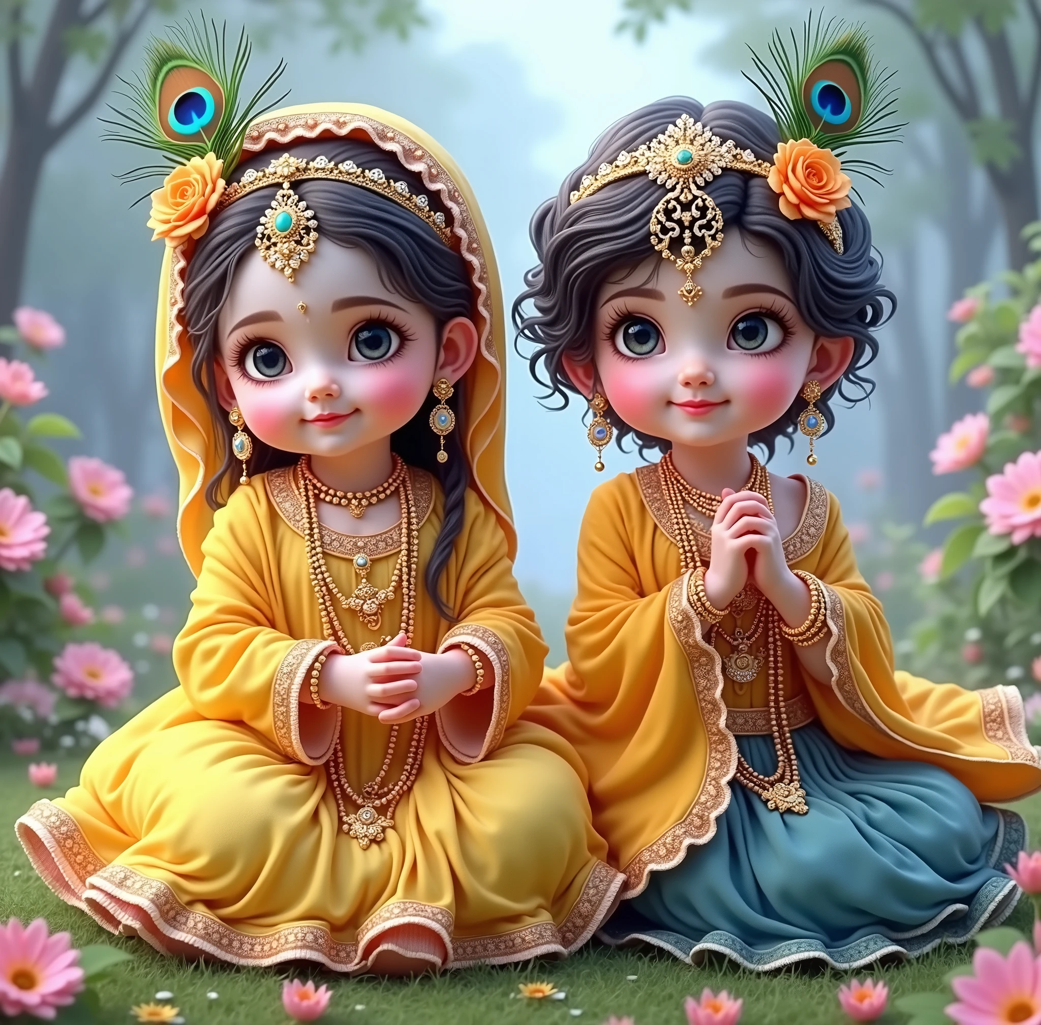 cute young Radha and Krishna,children playing,peacock feather in hair,vibrant colors,soft lighting,ornate jewelry,detailed facial features,serene expression,pastoral setting,lush greenery,idyllic scene,intricate textile patterns,shimmering gold accents,whimsical atmosphere,masterpiece,photorealistic,8k,extremely detailed