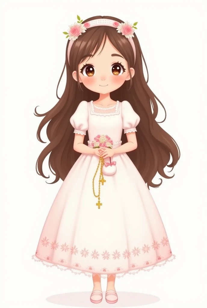 Make me an animated illustration on a white background of a girl with a sweet and simple style. The girl is dressed for a first communion, wearing a white dress with soft pink details. Her dress has puffed sleeves and a long skirt with small decorative edges at the bottom..
The girl has long brown hair, with a white headband adorned with pink and white flowers on one side. in his right hand, She holds a golden rosary chain that ends in a cross.. In your other hand, She carries a small white purse with a pink bow on top.
The overall style of the illustration is cute and adorable, with a smiling facial expression and big round eyes. The design is simple and lovely, evoking a sense of innocence and purity.