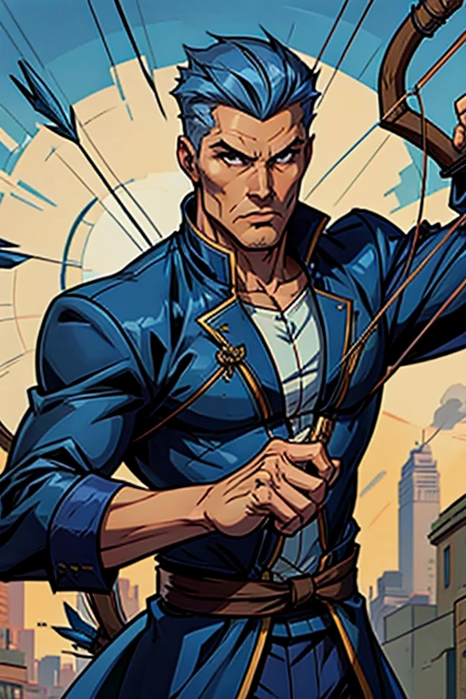 Archer Man in Blue Coat, with bow and arrow aiming at whoever is looking at the image
