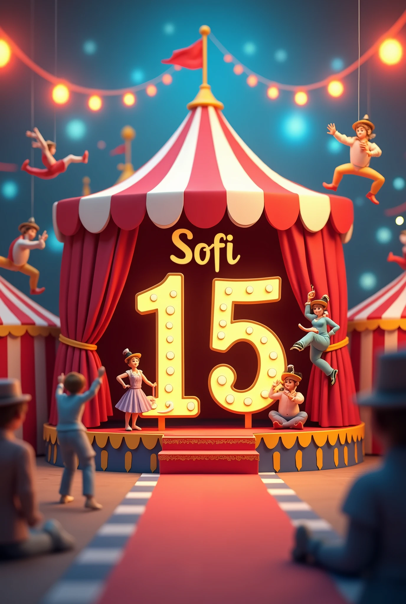 Sofi will turn 15 on September 20, 2024. The decoration will be 3D circus. With this information, design me a realistic card., creative and that complies with all of the above mentioned.