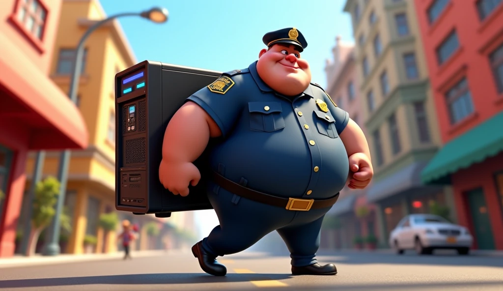 Im Stil von Pixar 3D-Animation filmen (Caricature). An obese policeman carries a gaming PC.