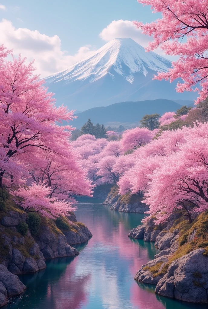 Japanese landscape with many cherry blossom trees