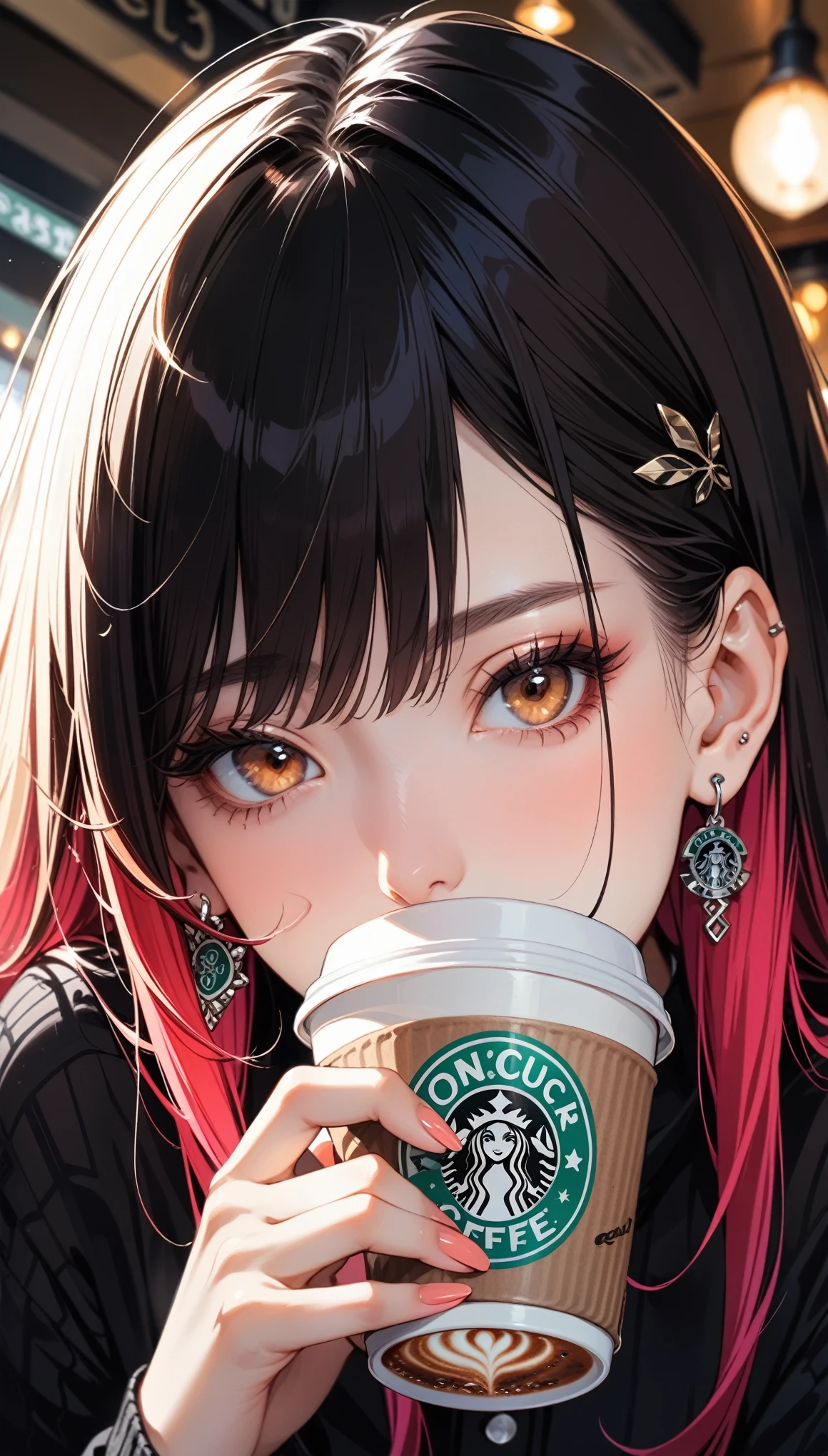 USE 3 COLOR, High resolution, masterpiece, Highest quality, Ultra high definition, 2Colored Hair, One person, solo, Earrings, Close your mouth, Close-up, Drinking coffee at a cafe