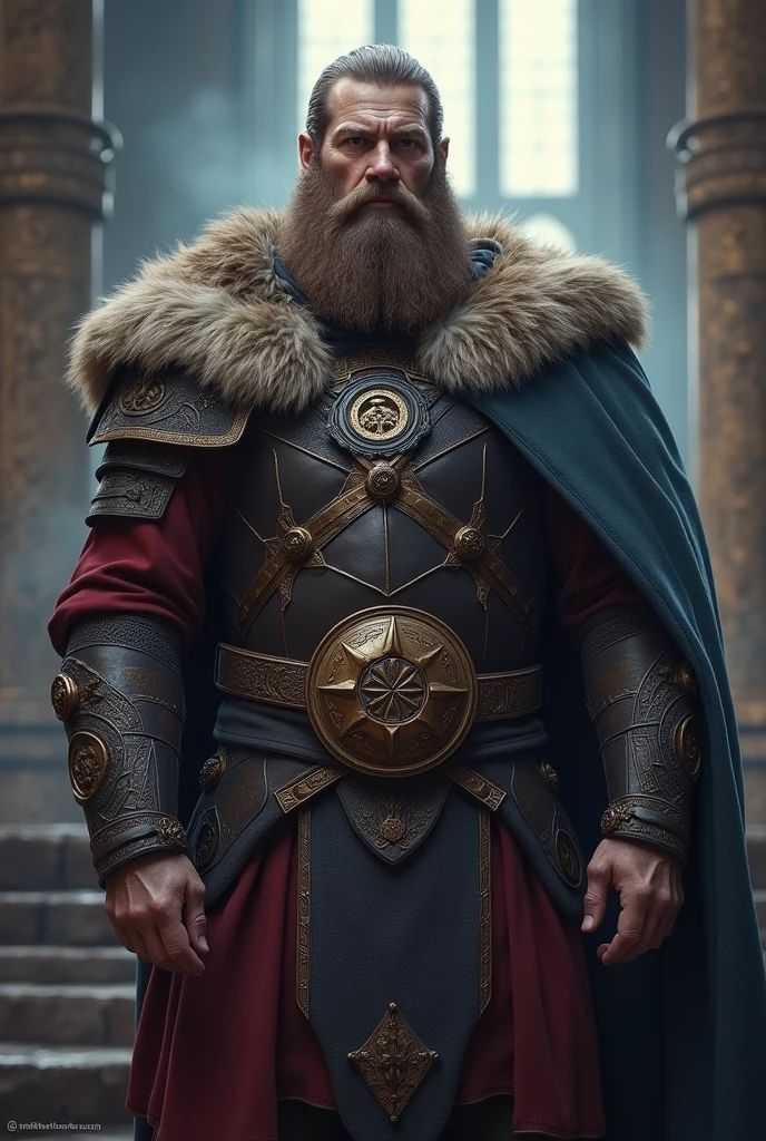 Jarl, In the end, .He was now a wiser and stronger leader., feared by his enemies and revered by his people.but make him less old and stronger with brown hair and muscle and with an intimidating aura