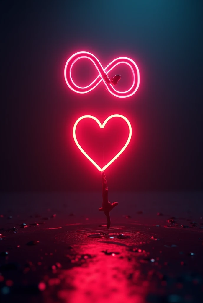 Neon infinity symbol above a neon red heart with a dark background