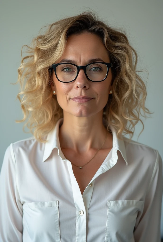 sada, create a woman, blonde, Brazilian, with photo taken by cell phone, but used for corporate purposes. She is in sales, works in a start up. make it very realistic, She must be about 3, curly hair and glasses. Make it a little uglier, and chubby and white.