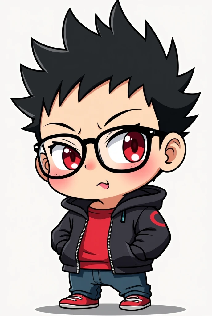 1. One man 2. Chibi figure 3. Red inner shirt 4. Black sweater 5. red eyes 6. ผมสีดำ 7. ใส่แว่น