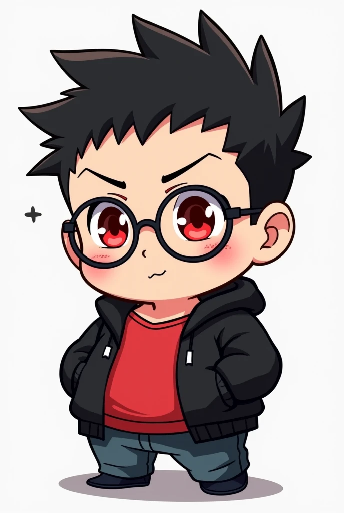 1. One man 2. Chibi figure 3. Red inner shirt 4. Black sweater 5. red eyes 6. ผมสีดำ 7. ใส่แว่น