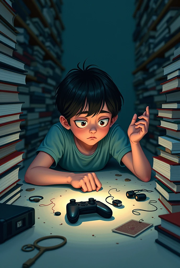 Make a  dp of a alone 18 year animated boy who is fall  on the ground .His one hand is towards gaming accessories but he  couldn't reach it because he's Stranded under a bulk of books .  