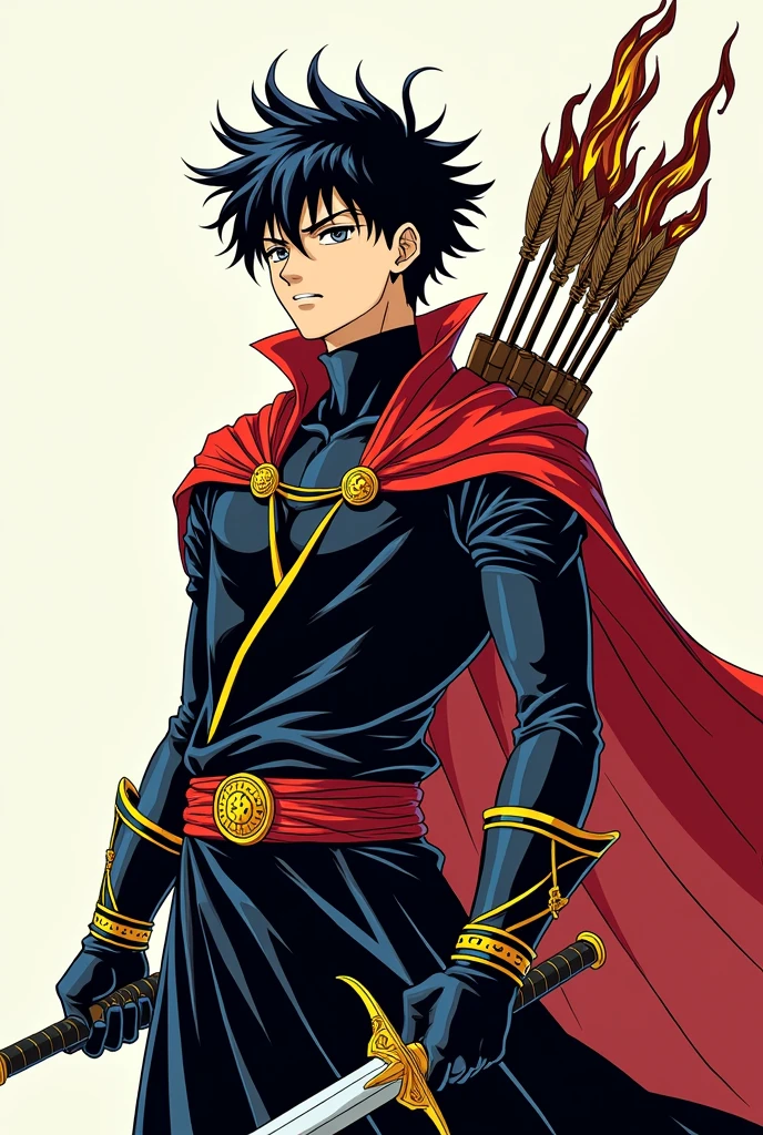 in the Human Comics style create a character, Aizen is a white boy with black hair and eyes, has an aura of leadership and wisdom. He wears a black tunic with blue details and a red sash with gold adornments. He wears leather bracers with hidden blades and high boots. He wears a quiver on his back with flaming arrows and a golden bow. He holds a sword with flaming black blades