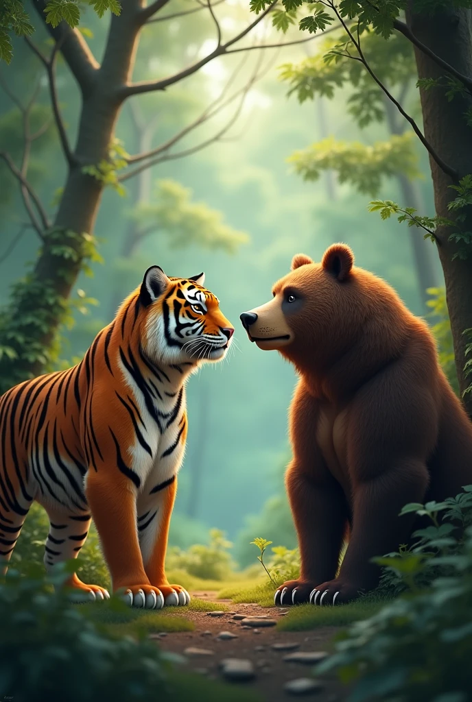 Hungry, they thought, 'Let's work together and find food.'"
The tiger and the bear looking at each other, thinking as if they are planning something