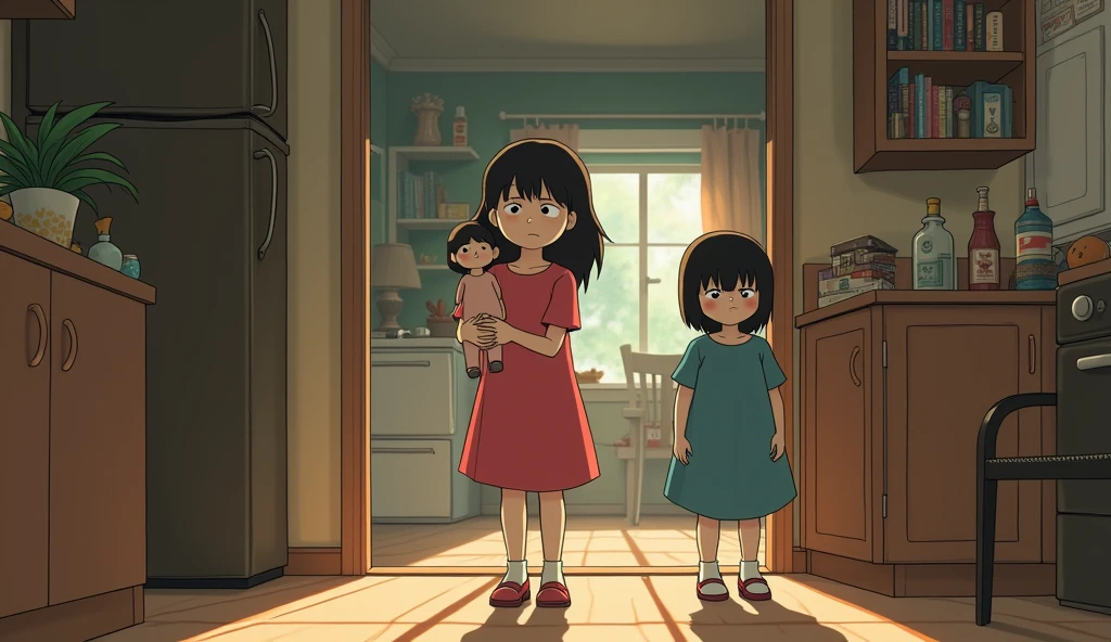 A poignant Studio Ghibli scene showing Clara walking cautiously through a warm but tense household. She is depicted with a nervous expression, carefully watching her every step to avoid upsetting their strict parents. Sofia, portrayed with a subtle competitive glint, eyes Clara from the side, always wanting what Clara has, from toys to attention. In the background, Sofia holds a larger doll while Clara clutches hers tightly, showing the imbalance. Meanwhile, the middle child is depicted in the shadows between the two sisters, watching the tension unfold while trying to remain invisible, a silent observer in the household drama.