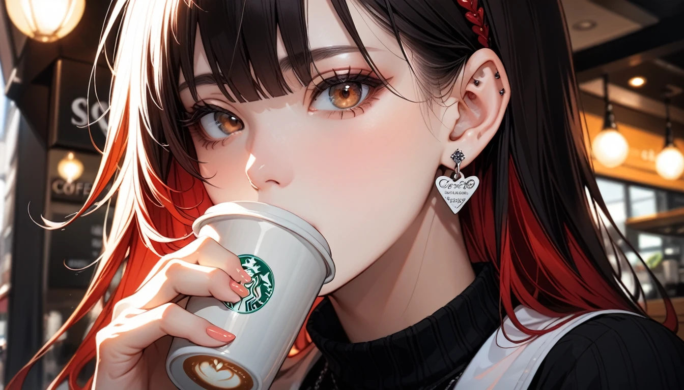 High resolution, masterpiece, Highest quality, Ultra high definition, ２Colored Hair, One person, solo, Earrings, Close your mouth, Close-up, Drinking coffee at a cafe