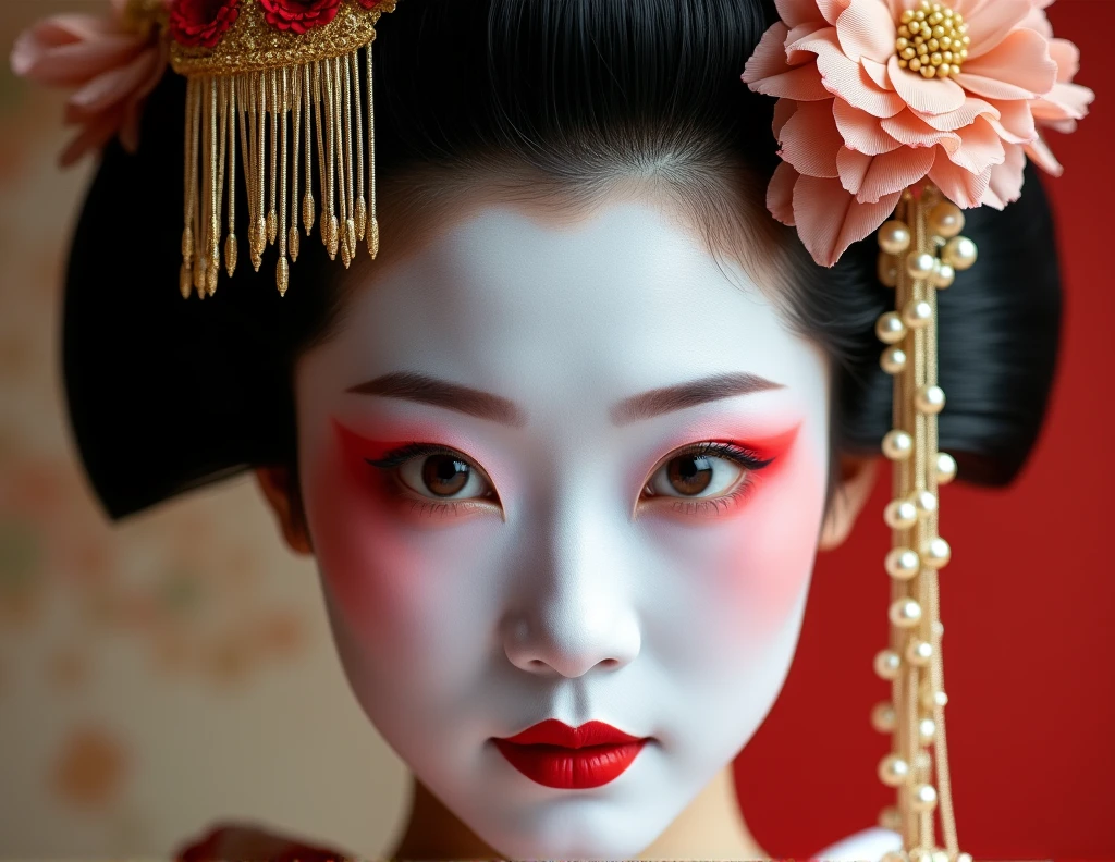 o A close-up of a geisha with traditional makeup, showing her white face, red lips painted in a heart shape, and eyes with a slight touch of red shadow, with an elaborate hairstyle adorned with kanzashi flowers and golden combs.