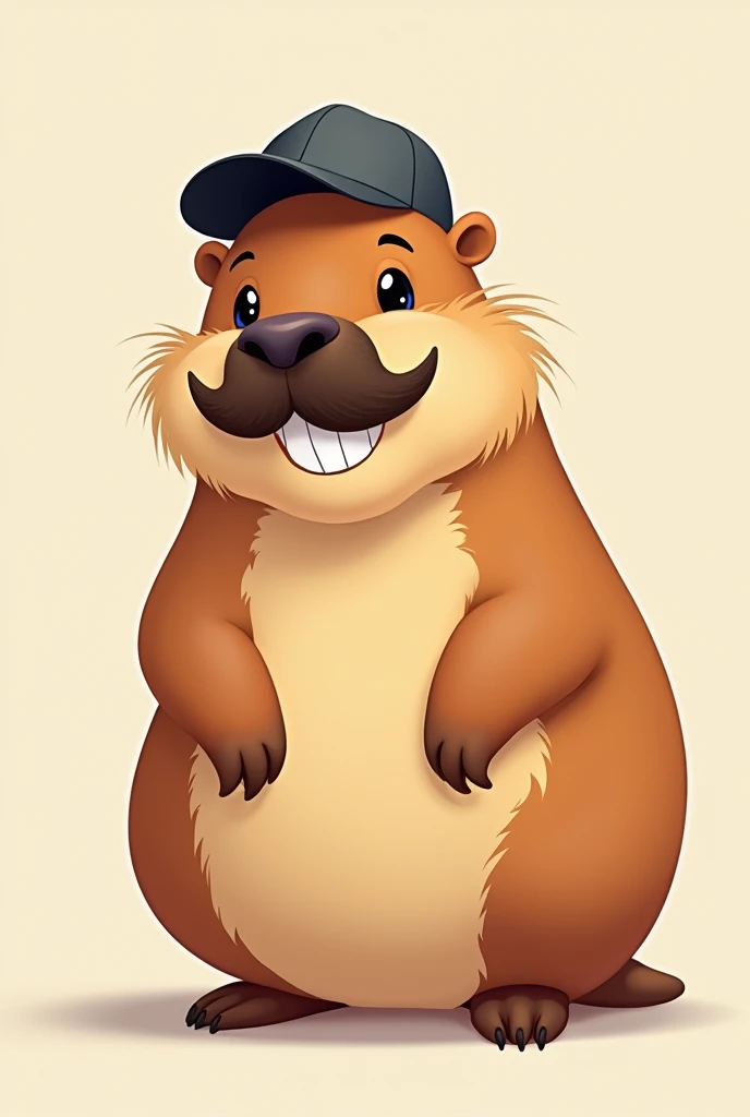 A smiling capybara wearing a mustache and a cartoon cap