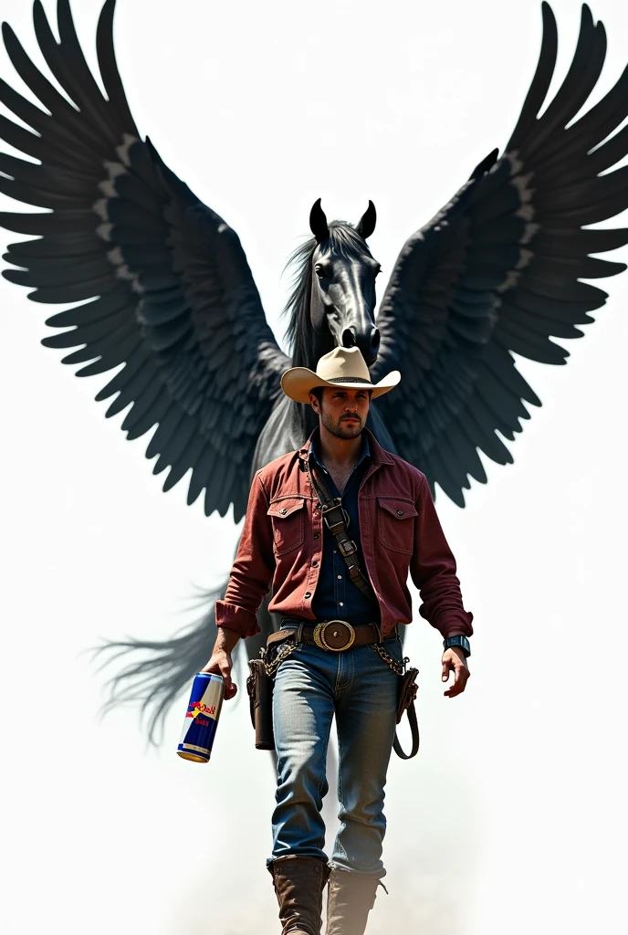 Cowboy in hand redbull with Black Horse with wings white background