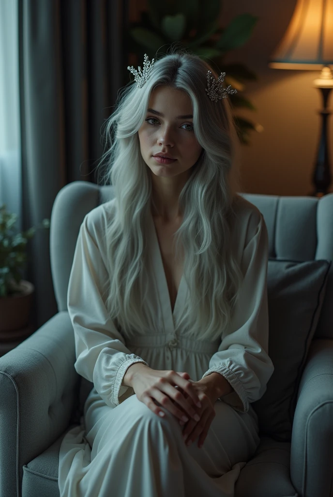 Girl sits elegantly on a modern soft chair, looks straight, Sits up straight, against the backdrop of a dark bedroom, light gray long hair, good lighting, realistically, photo, sparkling hair decorations