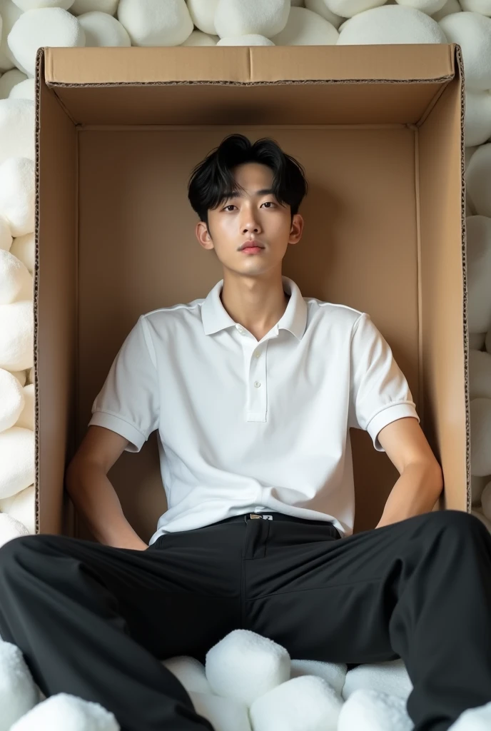 Imagine a handsome Korean man., beautiful and realistic round face, dressed in a white polo shirt and black loose trousers, sitting inside a cardboard box with polystyrene, realistic legs, whole body, Spreading your legs, the hair on the head is black, the lower part of the hair is shaved off to half the head